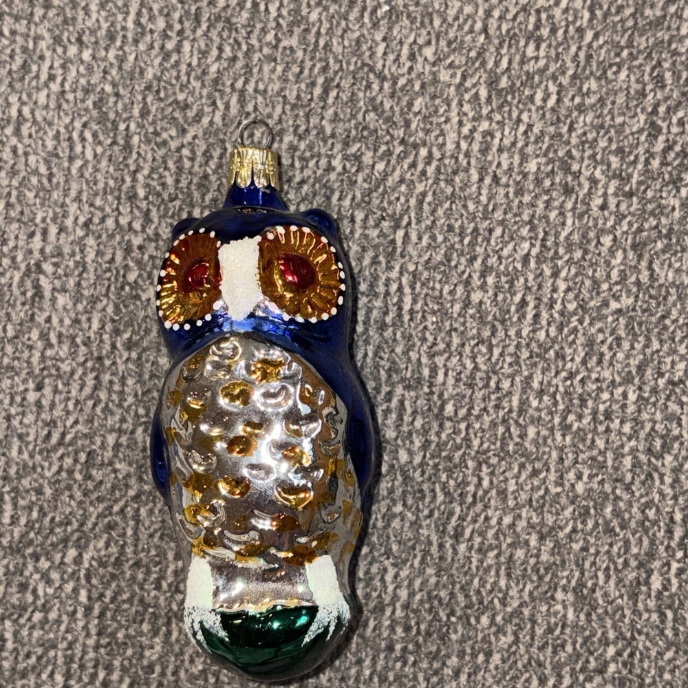 4.5" Glass Brown Blue Owl Ornament Glitter